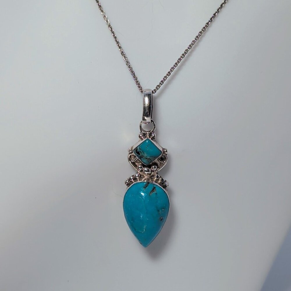 Vintage Sterling Silver Necklace W/ Egyptian Turquoise Teardrop Pendant